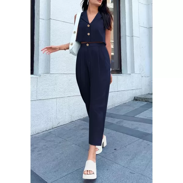 imagePRETTYGARDEN Womens Summer 2 Piece Outfit Casual Button V Neck Cropped Vest Tops High Waisted Pants Suit SetDark Blue