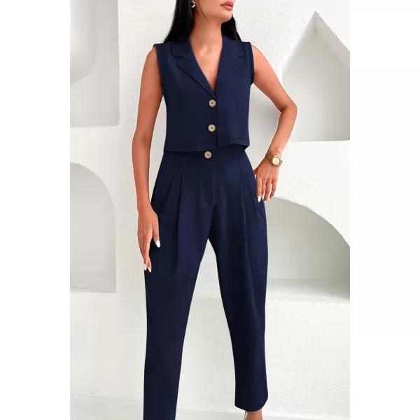imagePRETTYGARDEN Womens Summer 2 Piece Outfit Casual Button V Neck Cropped Vest Tops High Waisted Pants Suit SetDark Blue
