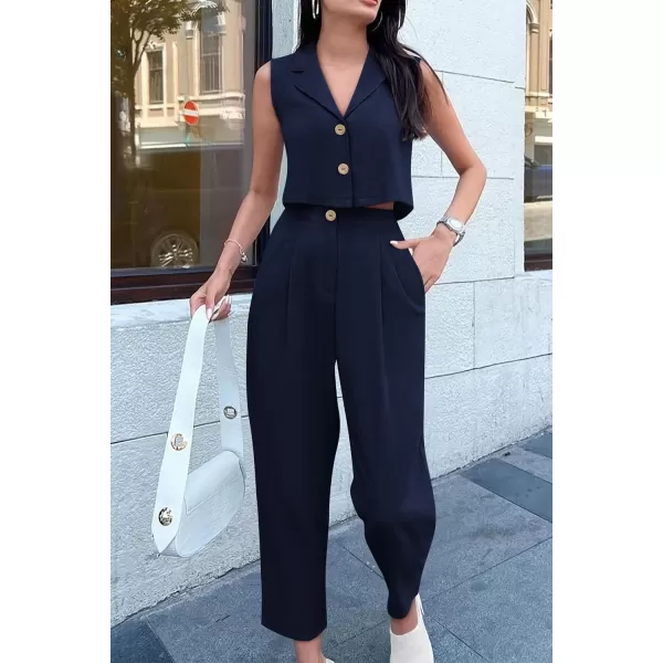 imagePRETTYGARDEN Womens Summer 2 Piece Outfit Casual Button V Neck Cropped Vest Tops High Waisted Pants Suit SetDark Blue