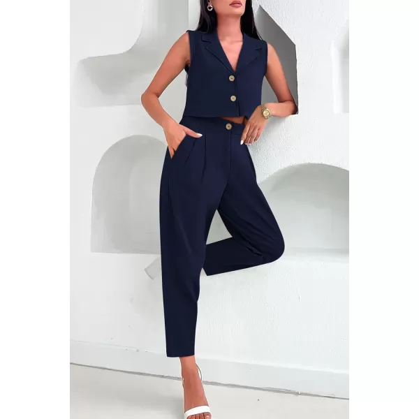 imagePRETTYGARDEN Womens Summer 2 Piece Outfit Casual Button V Neck Cropped Vest Tops High Waisted Pants Suit SetDark Blue