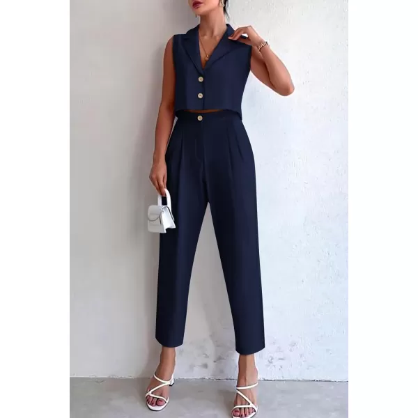 imagePRETTYGARDEN Womens Summer 2 Piece Outfit Casual Button V Neck Cropped Vest Tops High Waisted Pants Suit SetDark Blue