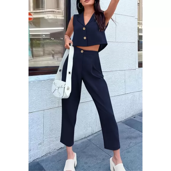 imagePRETTYGARDEN Womens Summer 2 Piece Outfit Casual Button V Neck Cropped Vest Tops High Waisted Pants Suit SetDark Blue
