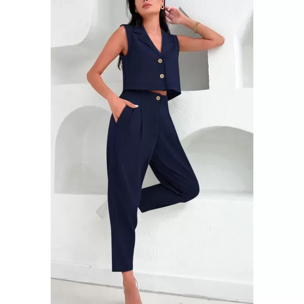 imagePRETTYGARDEN Womens Summer 2 Piece Outfit Casual Button V Neck Cropped Vest Tops High Waisted Pants Suit SetDark Blue