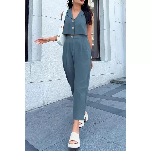 imagePRETTYGARDEN Womens Summer 2 Piece Outfit Casual Button V Neck Cropped Vest Tops High Waisted Pants Suit SetGrey Blue