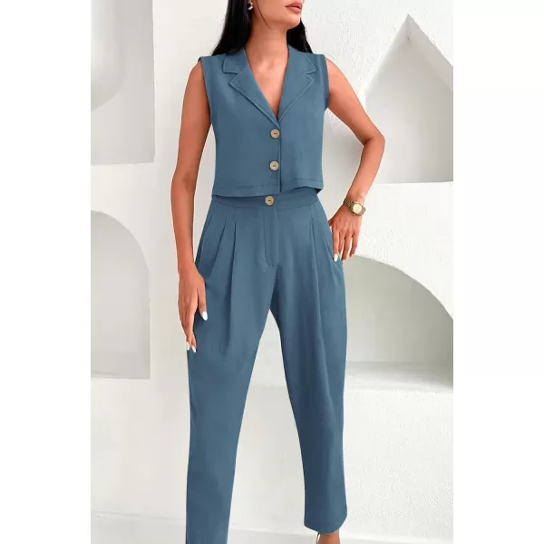 imagePRETTYGARDEN Womens Summer 2 Piece Outfit Casual Button V Neck Cropped Vest Tops High Waisted Pants Suit SetGrey Blue