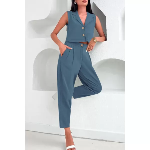 imagePRETTYGARDEN Womens Summer 2 Piece Outfit Casual Button V Neck Cropped Vest Tops High Waisted Pants Suit SetGrey Blue