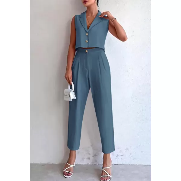 imagePRETTYGARDEN Womens Summer 2 Piece Outfit Casual Button V Neck Cropped Vest Tops High Waisted Pants Suit SetGrey Blue