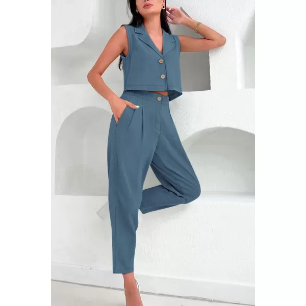 imagePRETTYGARDEN Womens Summer 2 Piece Outfit Casual Button V Neck Cropped Vest Tops High Waisted Pants Suit SetGrey Blue