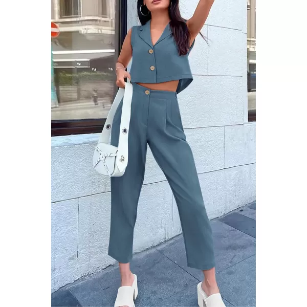 imagePRETTYGARDEN Womens Summer 2 Piece Outfit Casual Button V Neck Cropped Vest Tops High Waisted Pants Suit SetGrey Blue