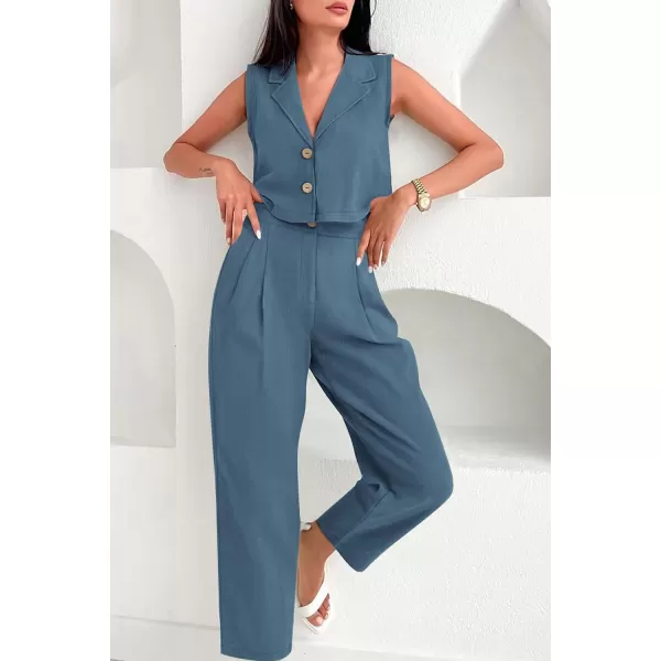 imagePRETTYGARDEN Womens Summer 2 Piece Outfit Casual Button V Neck Cropped Vest Tops High Waisted Pants Suit SetGrey Blue