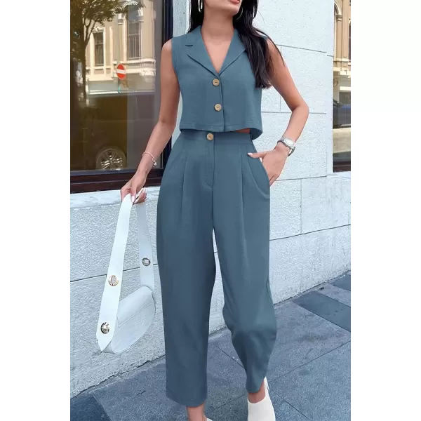 imagePRETTYGARDEN Womens Summer 2 Piece Outfit Casual Button V Neck Cropped Vest Tops High Waisted Pants Suit SetGrey Blue
