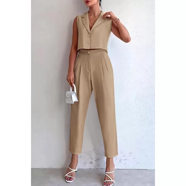 imagePRETTYGARDEN Womens Summer 2 Piece Outfit Casual Button V Neck Cropped Vest Tops High Waisted Pants Suit SetKhaki