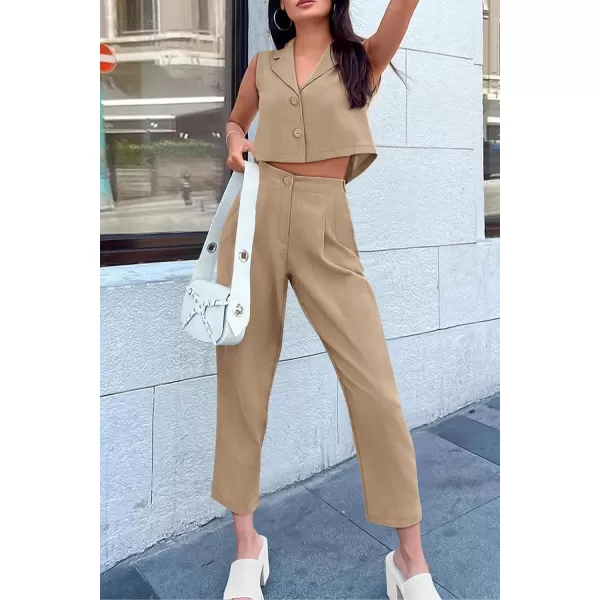 imagePRETTYGARDEN Womens Summer 2 Piece Outfit Casual Button V Neck Cropped Vest Tops High Waisted Pants Suit SetKhaki