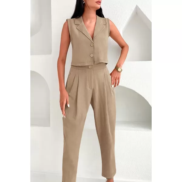 imagePRETTYGARDEN Womens Summer 2 Piece Outfit Casual Button V Neck Cropped Vest Tops High Waisted Pants Suit SetKhaki