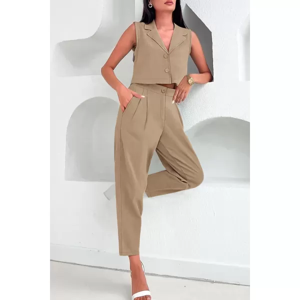 imagePRETTYGARDEN Womens Summer 2 Piece Outfit Casual Button V Neck Cropped Vest Tops High Waisted Pants Suit SetKhaki