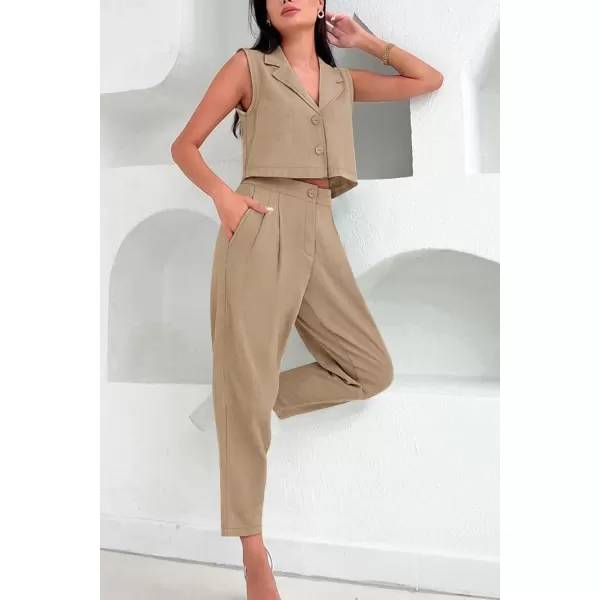 imagePRETTYGARDEN Womens Summer 2 Piece Outfit Casual Button V Neck Cropped Vest Tops High Waisted Pants Suit SetKhaki