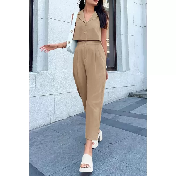 imagePRETTYGARDEN Womens Summer 2 Piece Outfit Casual Button V Neck Cropped Vest Tops High Waisted Pants Suit SetKhaki