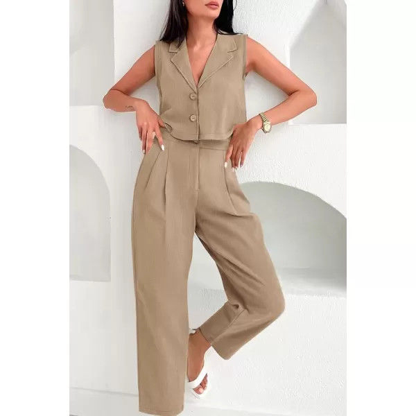 imagePRETTYGARDEN Womens Summer 2 Piece Outfit Casual Button V Neck Cropped Vest Tops High Waisted Pants Suit SetKhaki