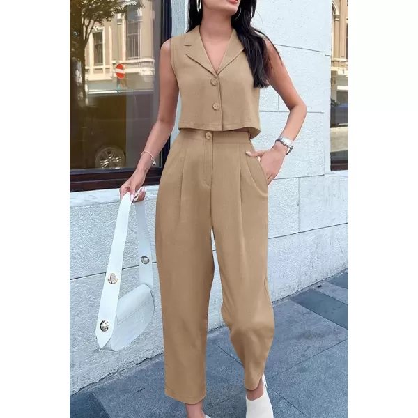 imagePRETTYGARDEN Womens Summer 2 Piece Outfit Casual Button V Neck Cropped Vest Tops High Waisted Pants Suit SetKhaki