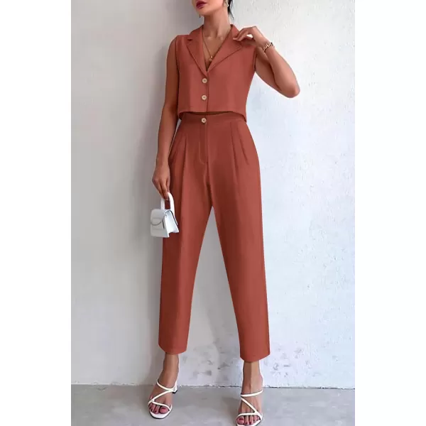 imagePRETTYGARDEN Womens Summer 2 Piece Outfit Casual Button V Neck Cropped Vest Tops High Waisted Pants Suit SetRust Red