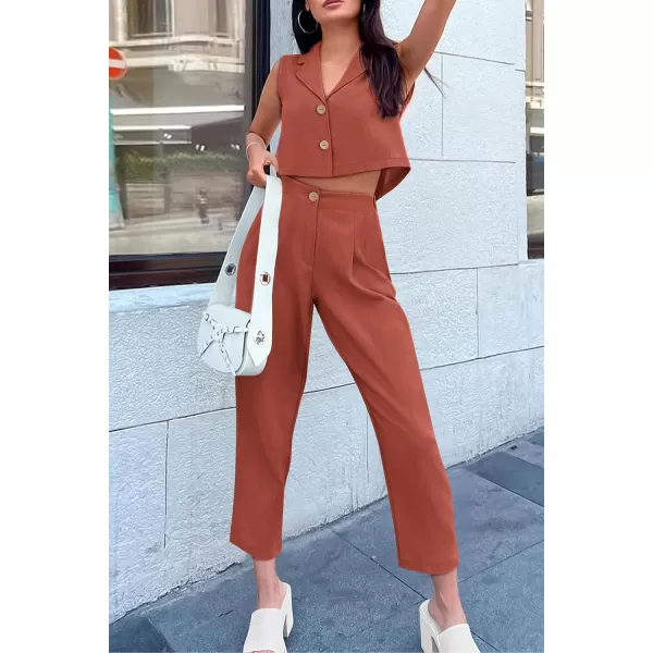 imagePRETTYGARDEN Womens Summer 2 Piece Outfit Casual Button V Neck Cropped Vest Tops High Waisted Pants Suit SetRust Red