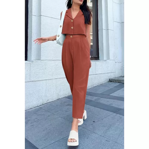 imagePRETTYGARDEN Womens Summer 2 Piece Outfit Casual Button V Neck Cropped Vest Tops High Waisted Pants Suit SetRust Red