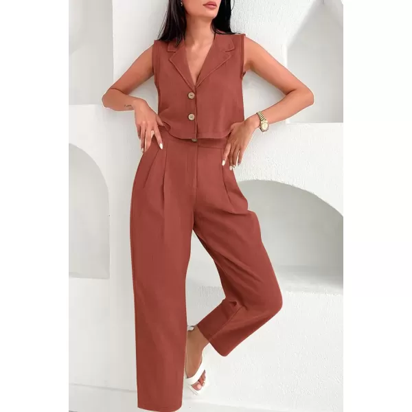 imagePRETTYGARDEN Womens Summer 2 Piece Outfit Casual Button V Neck Cropped Vest Tops High Waisted Pants Suit SetRust Red