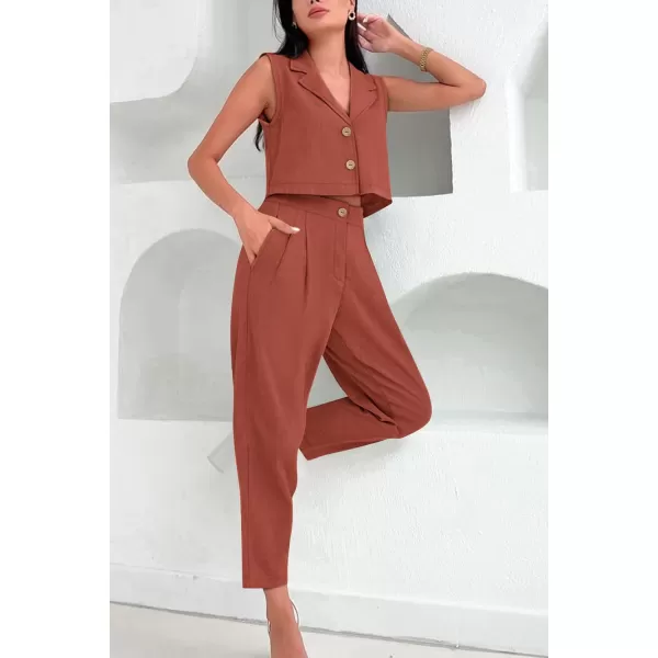 imagePRETTYGARDEN Womens Summer 2 Piece Outfit Casual Button V Neck Cropped Vest Tops High Waisted Pants Suit SetRust Red
