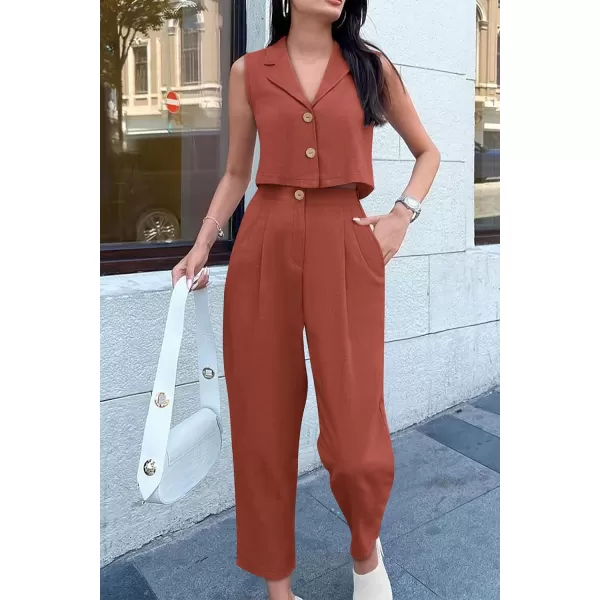 imagePRETTYGARDEN Womens Summer 2 Piece Outfit Casual Button V Neck Cropped Vest Tops High Waisted Pants Suit SetRust Red