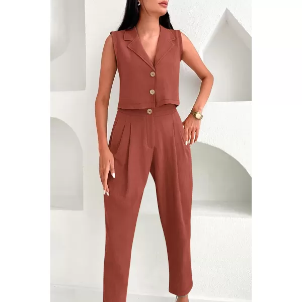 imagePRETTYGARDEN Womens Summer 2 Piece Outfit Casual Button V Neck Cropped Vest Tops High Waisted Pants Suit SetRust Red