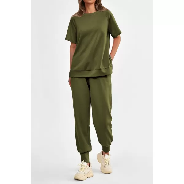 imagePRETTYGARDEN Womens Summer 2 Piece Outfit Tracksuits Casual Short Sleeve Tops High Waisted Sweatpants SetArmy Green