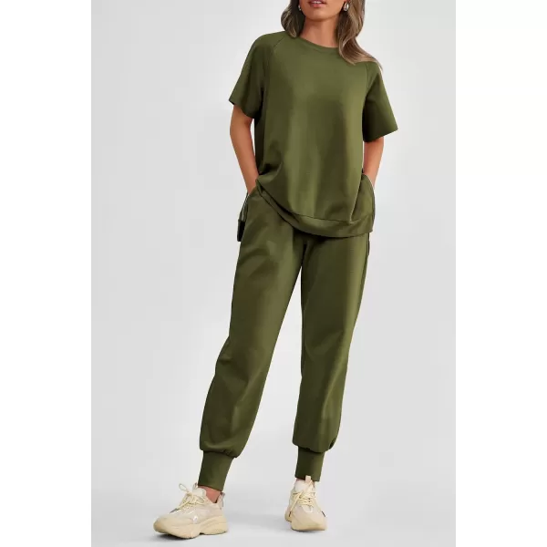 imagePRETTYGARDEN Womens Summer 2 Piece Outfit Tracksuits Casual Short Sleeve Tops High Waisted Sweatpants SetArmy Green