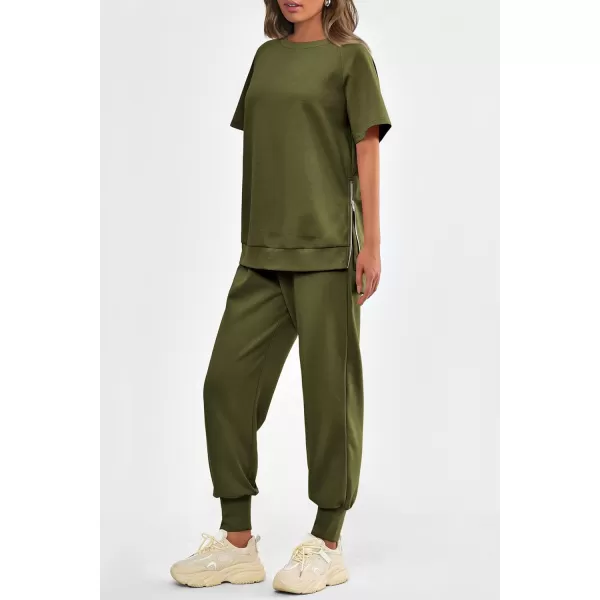 imagePRETTYGARDEN Womens Summer 2 Piece Outfit Tracksuits Casual Short Sleeve Tops High Waisted Sweatpants SetArmy Green