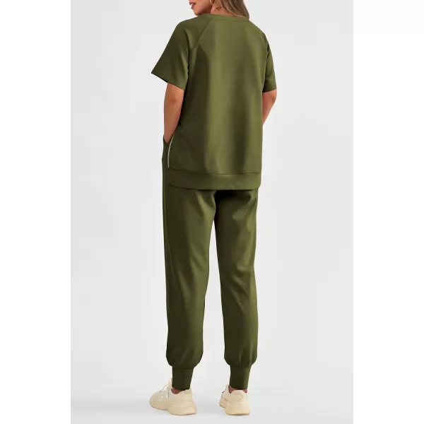 imagePRETTYGARDEN Womens Summer 2 Piece Outfit Tracksuits Casual Short Sleeve Tops High Waisted Sweatpants SetArmy Green