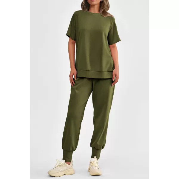 imagePRETTYGARDEN Womens Summer 2 Piece Outfit Tracksuits Casual Short Sleeve Tops High Waisted Sweatpants SetArmy Green