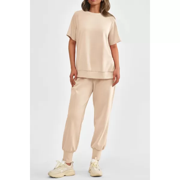 imagePRETTYGARDEN Womens Summer 2 Piece Outfit Tracksuits Casual Short Sleeve Tops High Waisted Sweatpants SetBeige