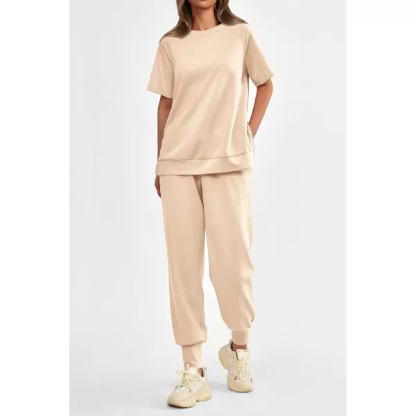 imagePRETTYGARDEN Womens Summer 2 Piece Outfit Tracksuits Casual Short Sleeve Tops High Waisted Sweatpants SetBeige