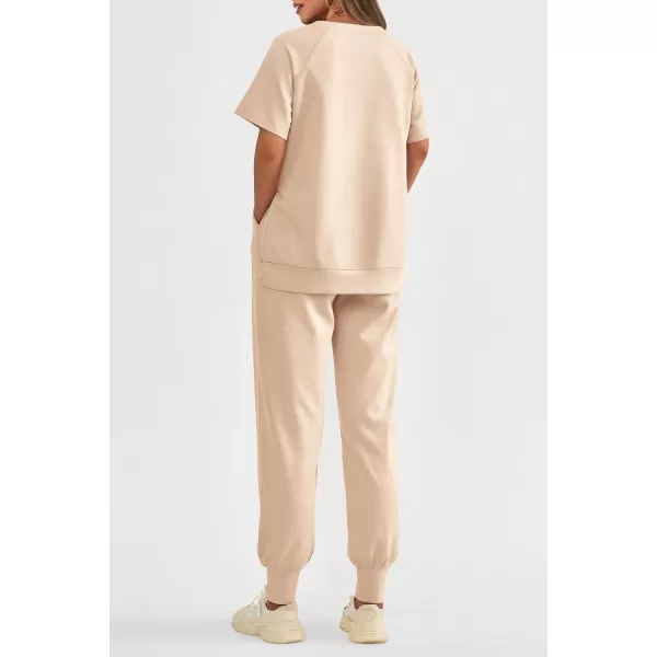imagePRETTYGARDEN Womens Summer 2 Piece Outfit Tracksuits Casual Short Sleeve Tops High Waisted Sweatpants SetBeige