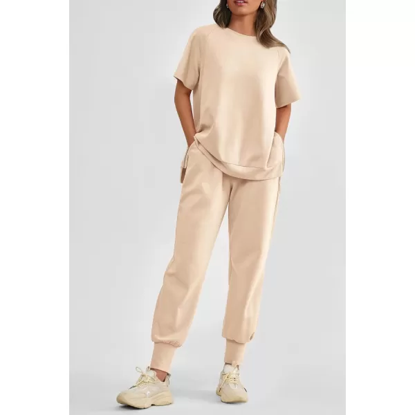 imagePRETTYGARDEN Womens Summer 2 Piece Outfit Tracksuits Casual Short Sleeve Tops High Waisted Sweatpants SetBeige