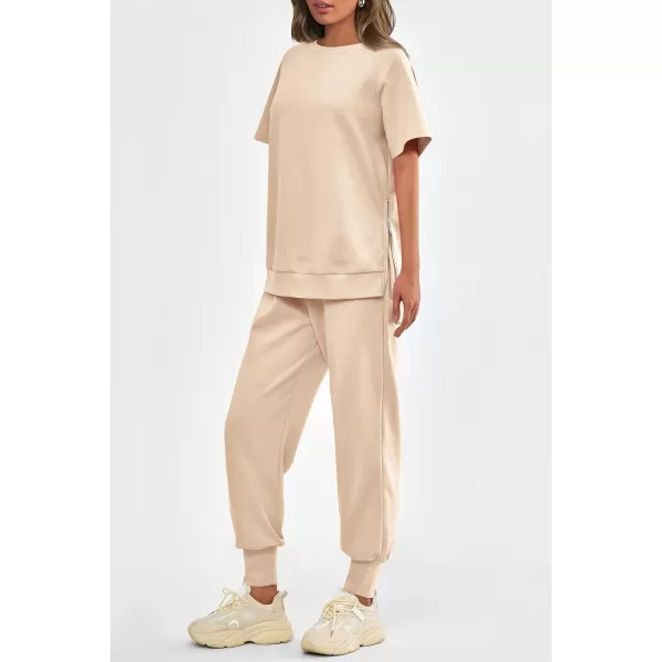 imagePRETTYGARDEN Womens Summer 2 Piece Outfit Tracksuits Casual Short Sleeve Tops High Waisted Sweatpants SetBeige