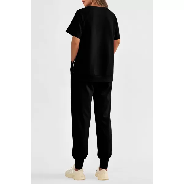 imagePRETTYGARDEN Womens Summer 2 Piece Outfit Tracksuits Casual Short Sleeve Tops High Waisted Sweatpants SetBlack