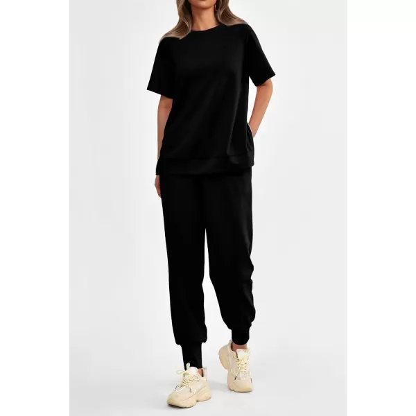 imagePRETTYGARDEN Womens Summer 2 Piece Outfit Tracksuits Casual Short Sleeve Tops High Waisted Sweatpants SetBlack