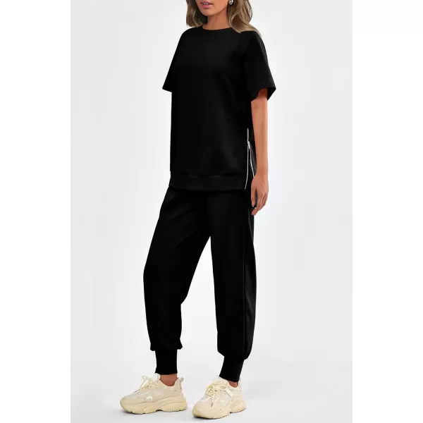 imagePRETTYGARDEN Womens Summer 2 Piece Outfit Tracksuits Casual Short Sleeve Tops High Waisted Sweatpants SetBlack