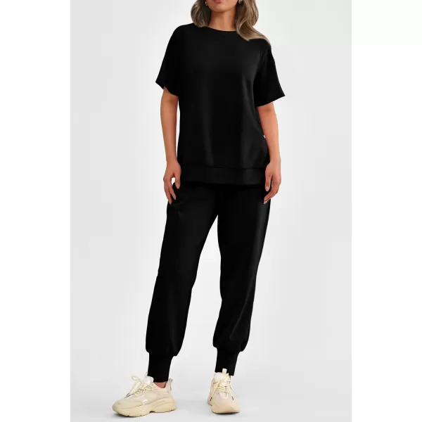 imagePRETTYGARDEN Womens Summer 2 Piece Outfit Tracksuits Casual Short Sleeve Tops High Waisted Sweatpants SetBlack