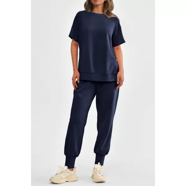 imagePRETTYGARDEN Womens Summer 2 Piece Outfit Tracksuits Casual Short Sleeve Tops High Waisted Sweatpants SetDark Blue