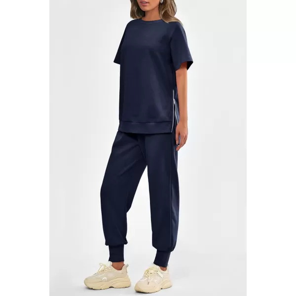 imagePRETTYGARDEN Womens Summer 2 Piece Outfit Tracksuits Casual Short Sleeve Tops High Waisted Sweatpants SetDark Blue