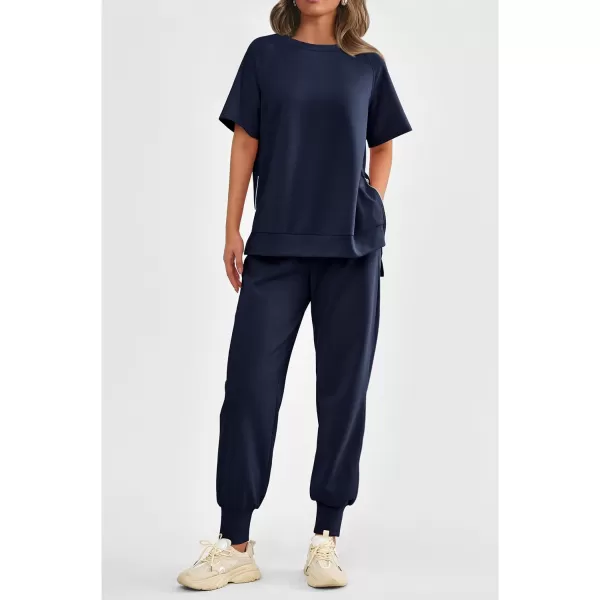 imagePRETTYGARDEN Womens Summer 2 Piece Outfit Tracksuits Casual Short Sleeve Tops High Waisted Sweatpants SetDark Blue