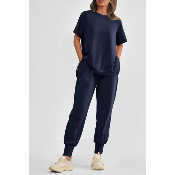 imagePRETTYGARDEN Womens Summer 2 Piece Outfit Tracksuits Casual Short Sleeve Tops High Waisted Sweatpants SetDark Blue