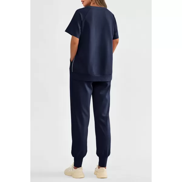 imagePRETTYGARDEN Womens Summer 2 Piece Outfit Tracksuits Casual Short Sleeve Tops High Waisted Sweatpants SetDark Blue