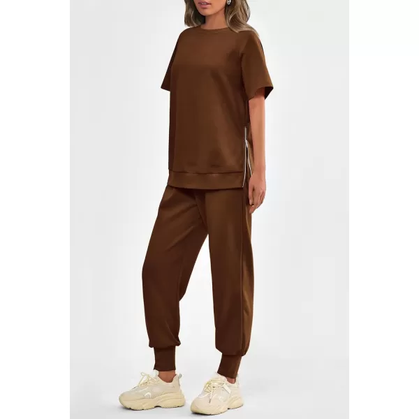 imagePRETTYGARDEN Womens Summer 2 Piece Outfit Tracksuits Casual Short Sleeve Tops High Waisted Sweatpants SetDark Brown